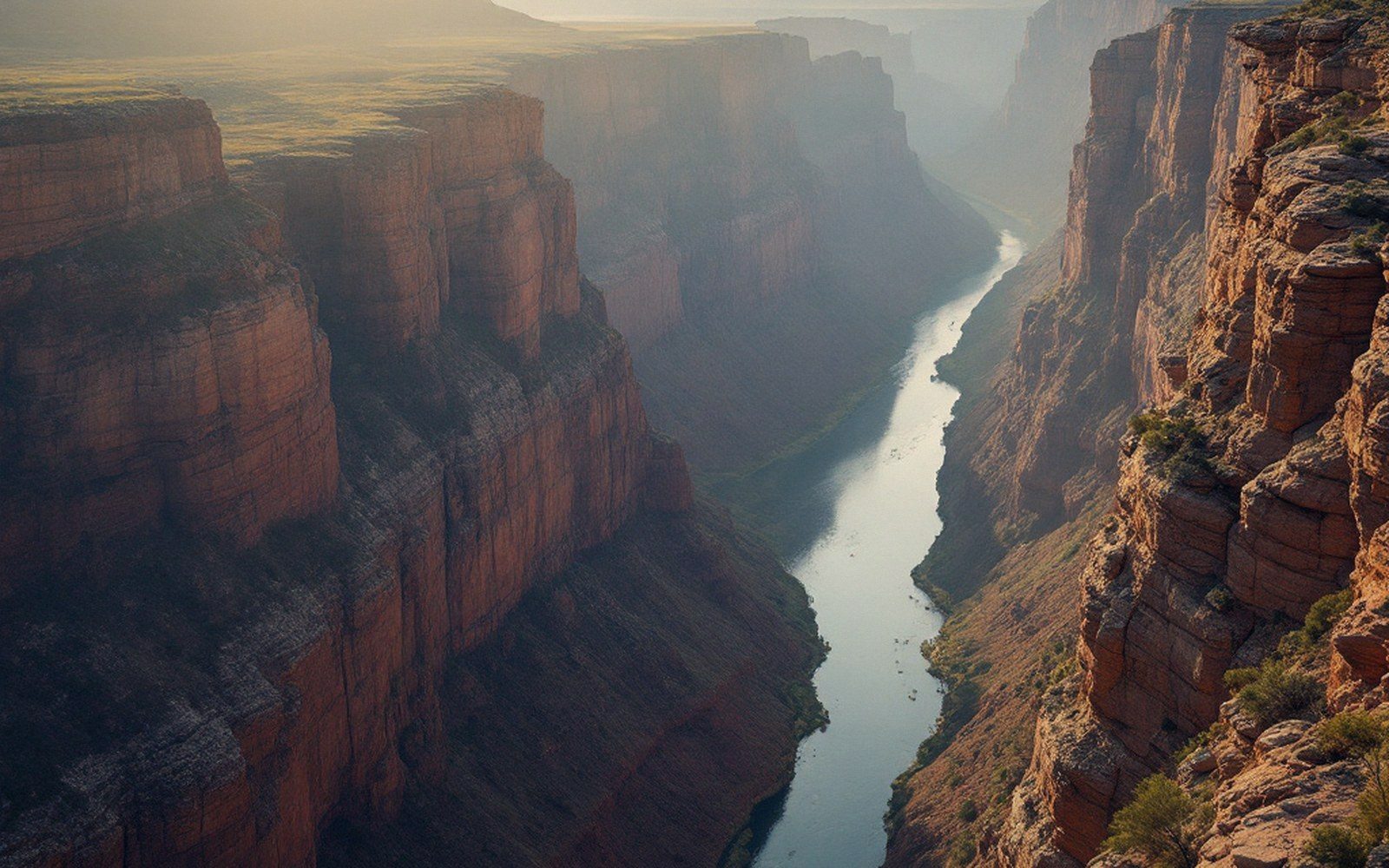 A deep river canyon seen from the rim with the river far below, morning haze