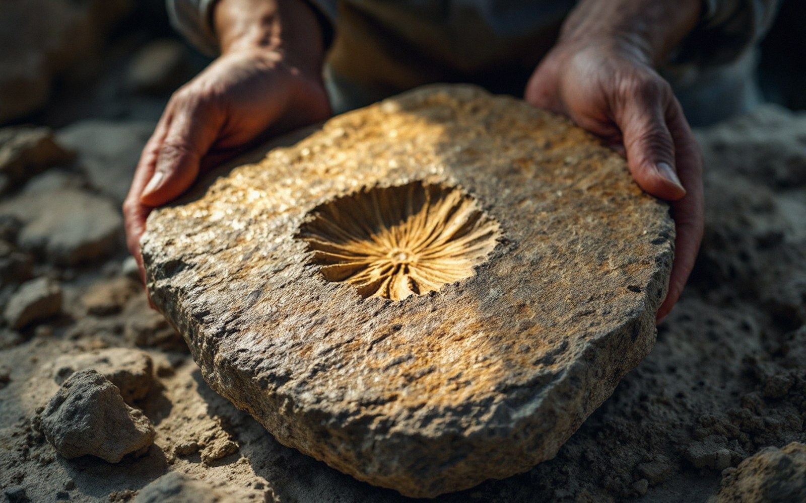 A fossil slab held flat under raking light, the impression clearly visible