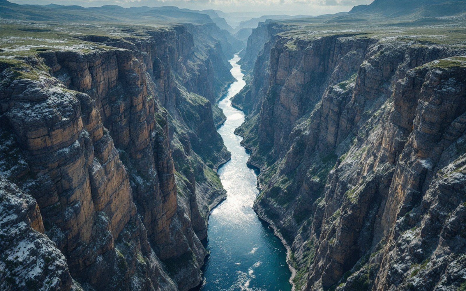 A river gorge cutting straight through a mountain ridge, seen from the air, the ridge clearly continuing on both sides