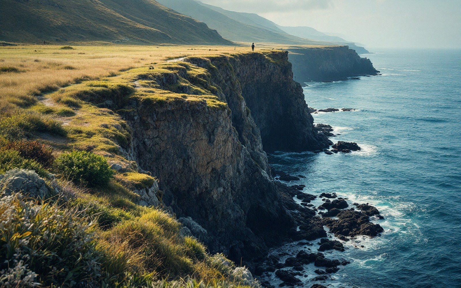 A raised former shoreline as a distinct step in a low coastal hillside, sea beyond