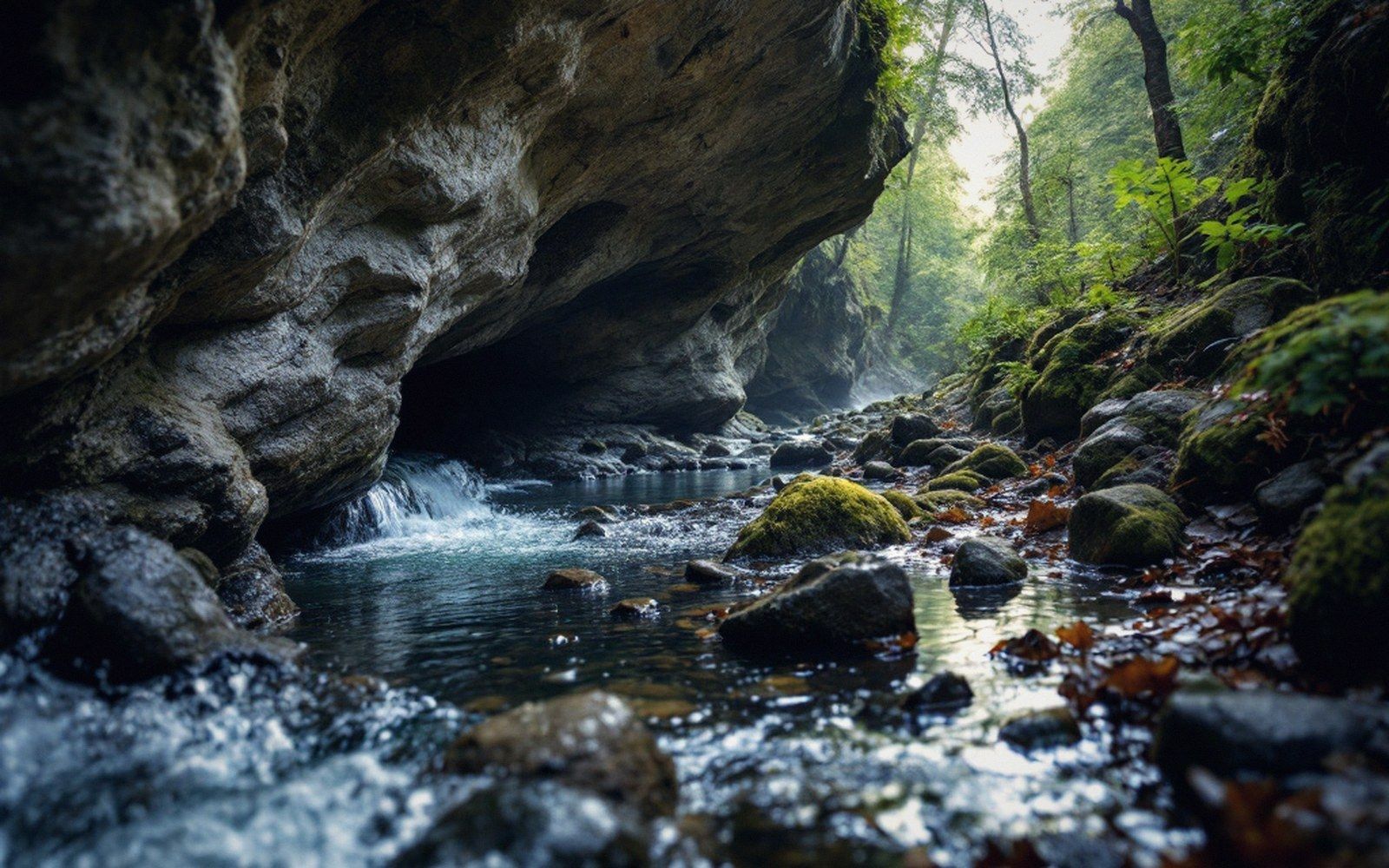 A stream vanishing into a hole at the base of a limestone outcrop in forest, damp rock, diffuse light