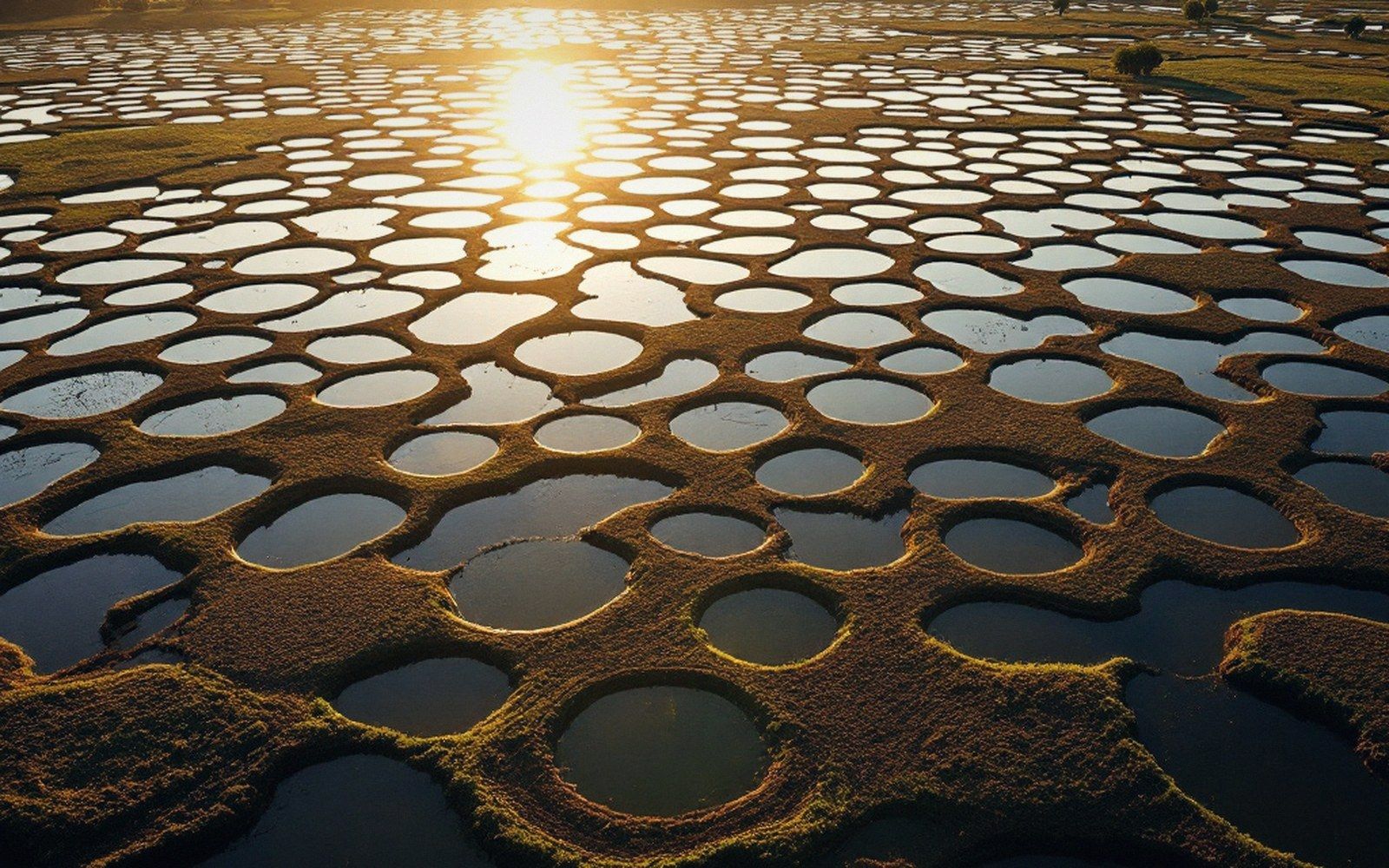 An aerial of flat farmland pocked with hundreds of small round ponds, low sun