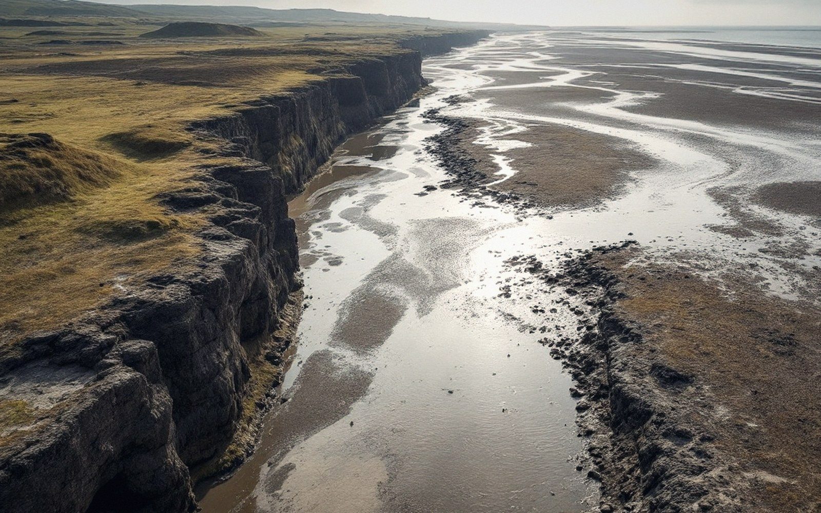A long narrow inlet seen from a headland at half tide, mud and water in bands, high viewpoint