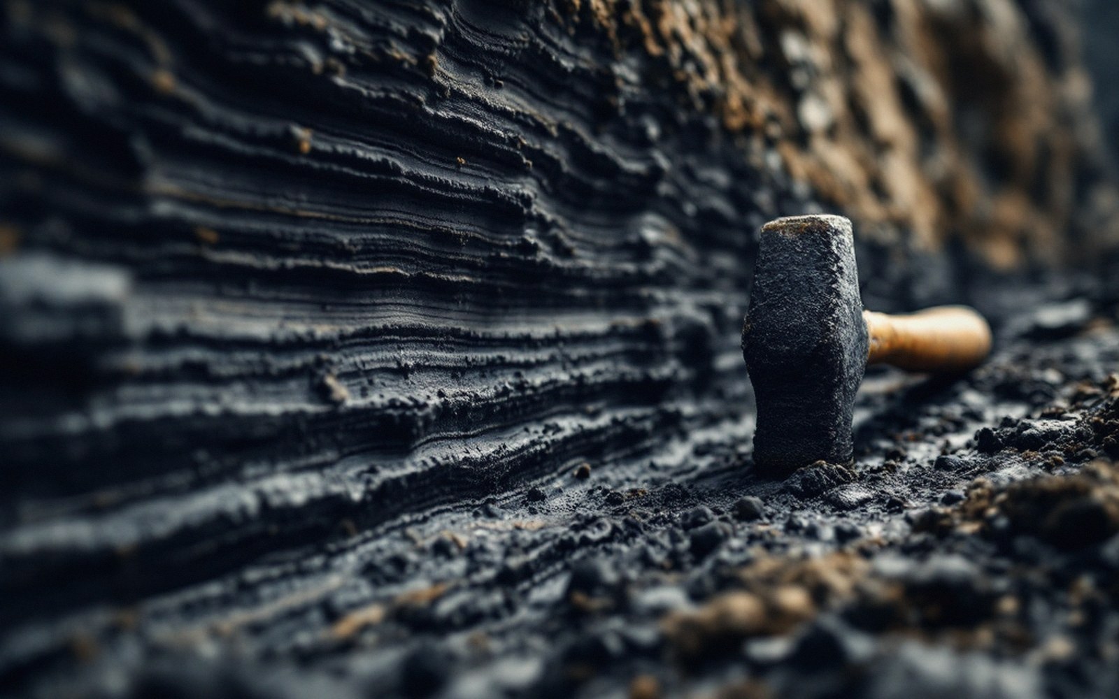 A cross-section of finely layered dark mudstone in a cliff face, hammer for scale